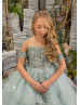 Beaded Dusty Mint Lace Tulle Ruffle Flower Girl Dress